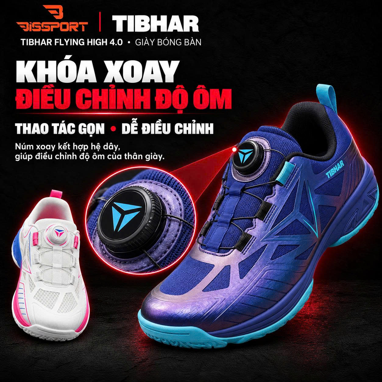 Giày Bóng Bàn TIBHAR Flying High 4.0 02603 Chính Hãng - Xanh Dương - Nhẹ Và Bám Sàn - Thoáng Khí - Chống Trượt